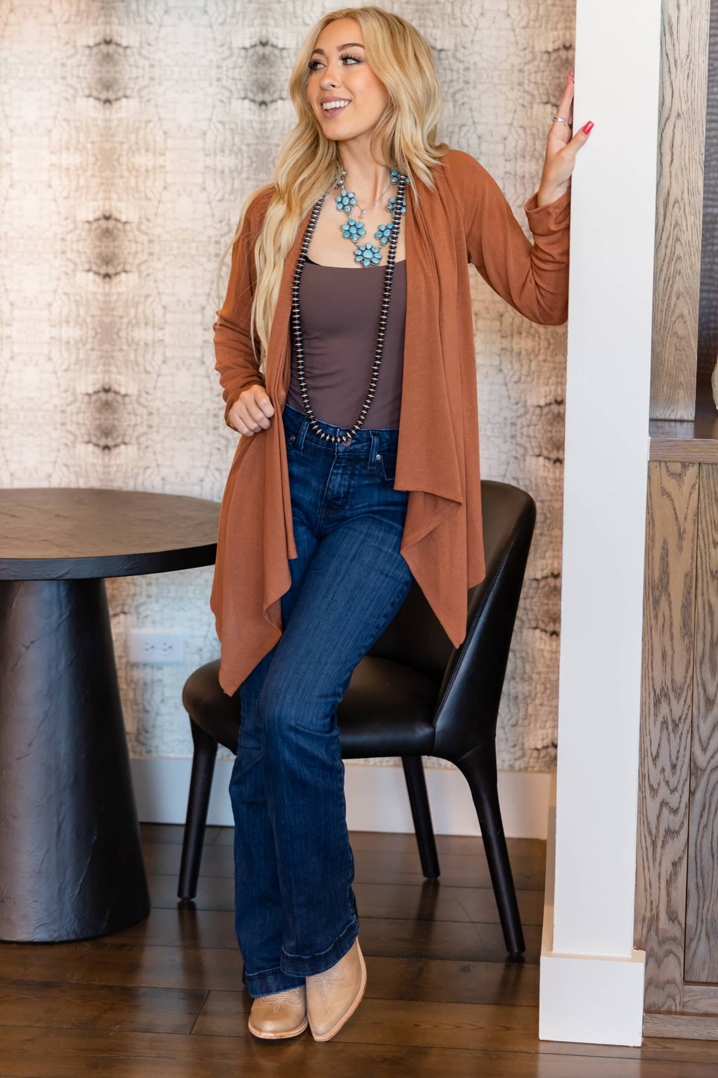Soft Drape Open Front Chocolate Brown Cardigan
