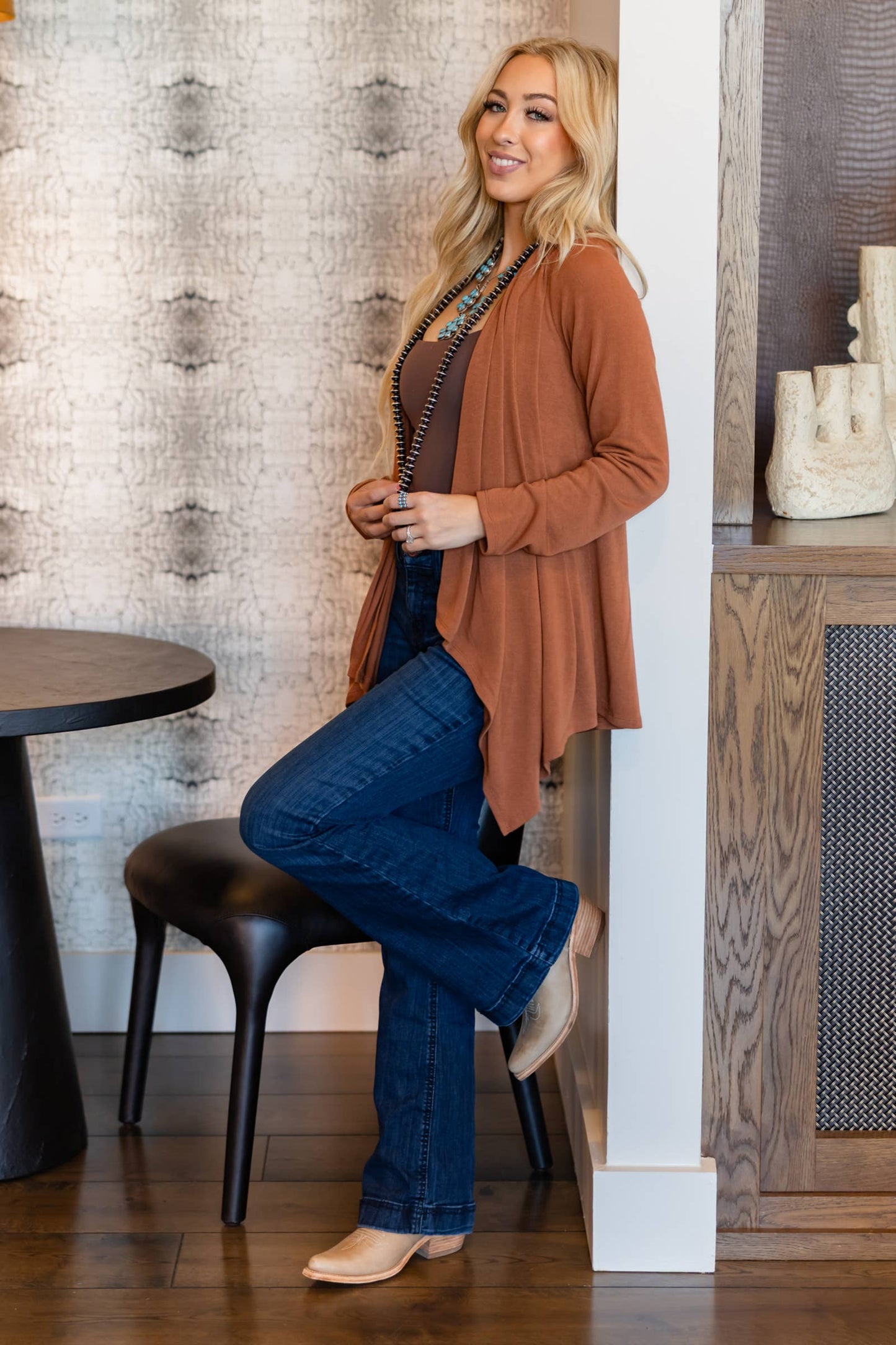 Soft Drape Open Front Chocolate Brown Cardigan