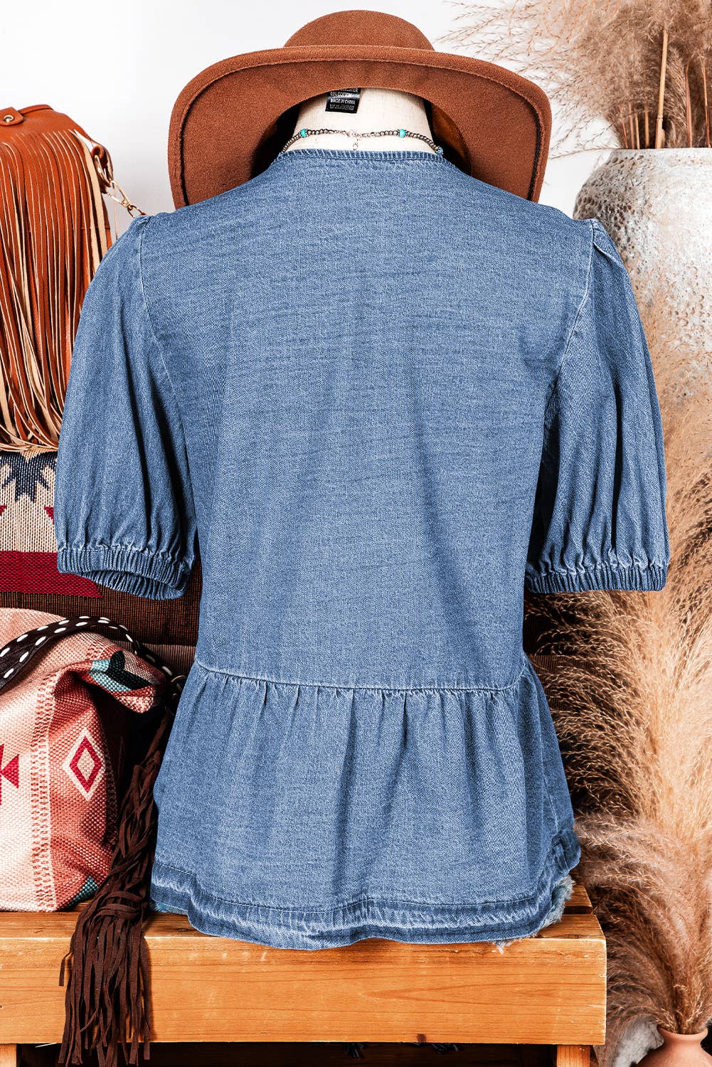 Bow Front Bubble Sleeve Denim Shirt