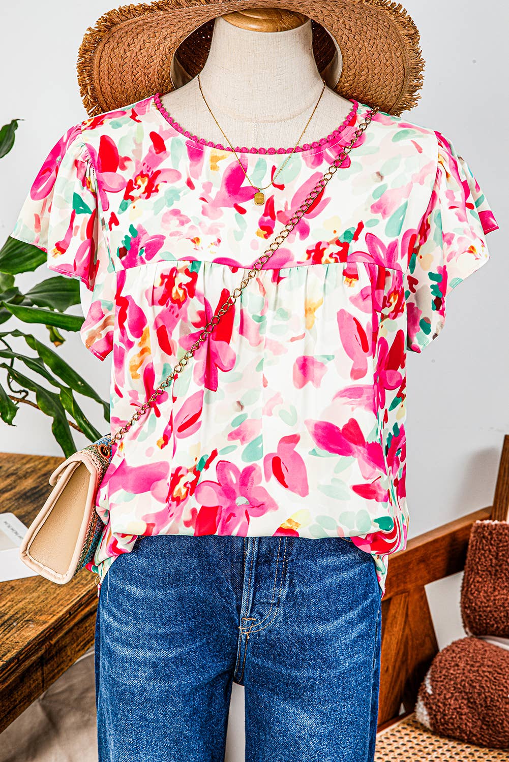 Floral Ruffle Sleeve Round Neck Flower Top