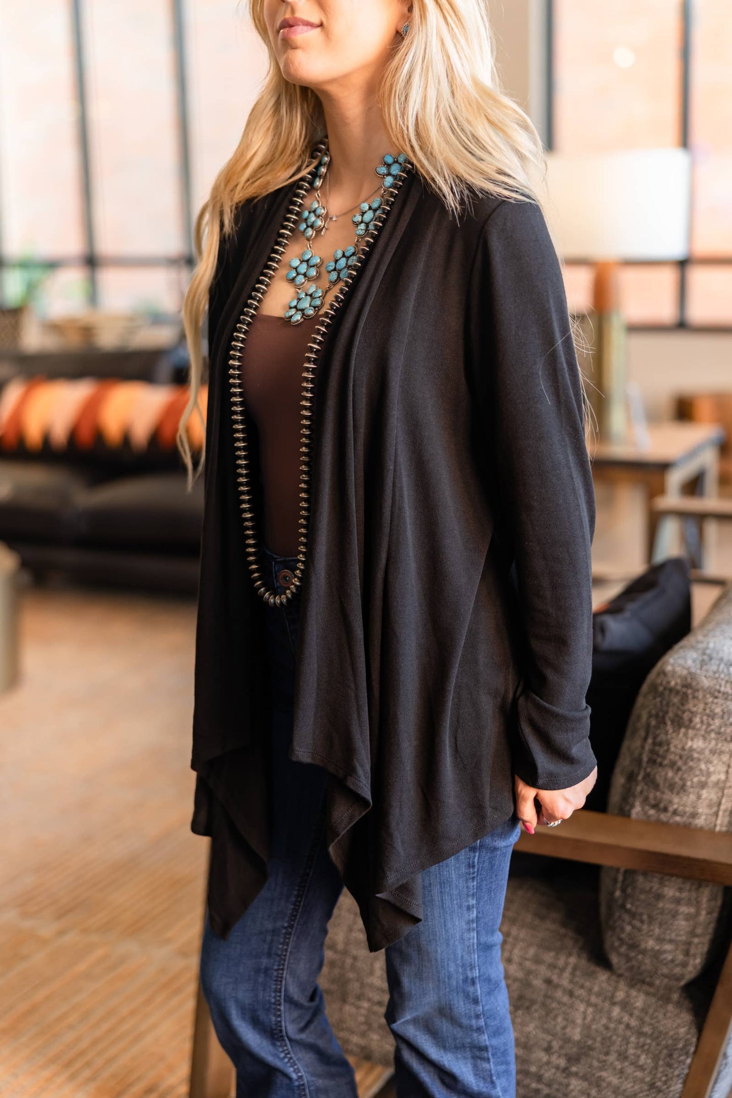 Soft Drape Open Front Chocolate Brown Cardigan
