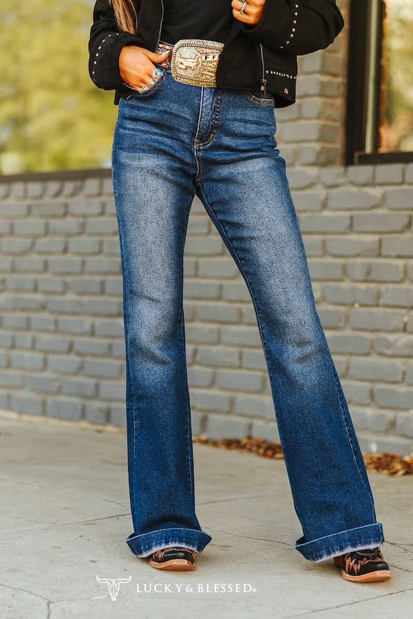 Lucky and Blessed Mid Wash High Rise Camel Embroidered Bootcut Jeans