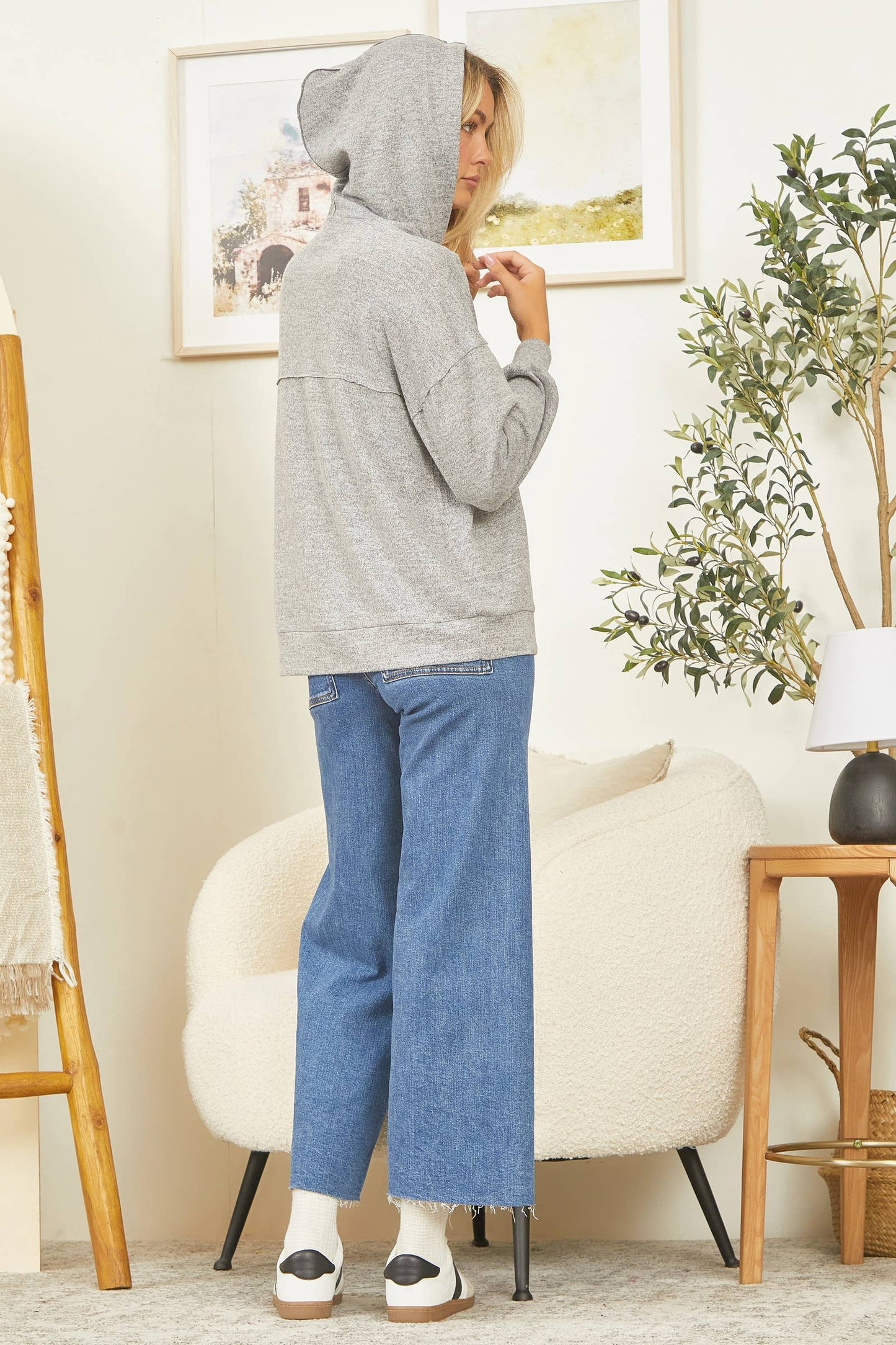 Solid Colored Oatmeal Gray Knitted Hoodie