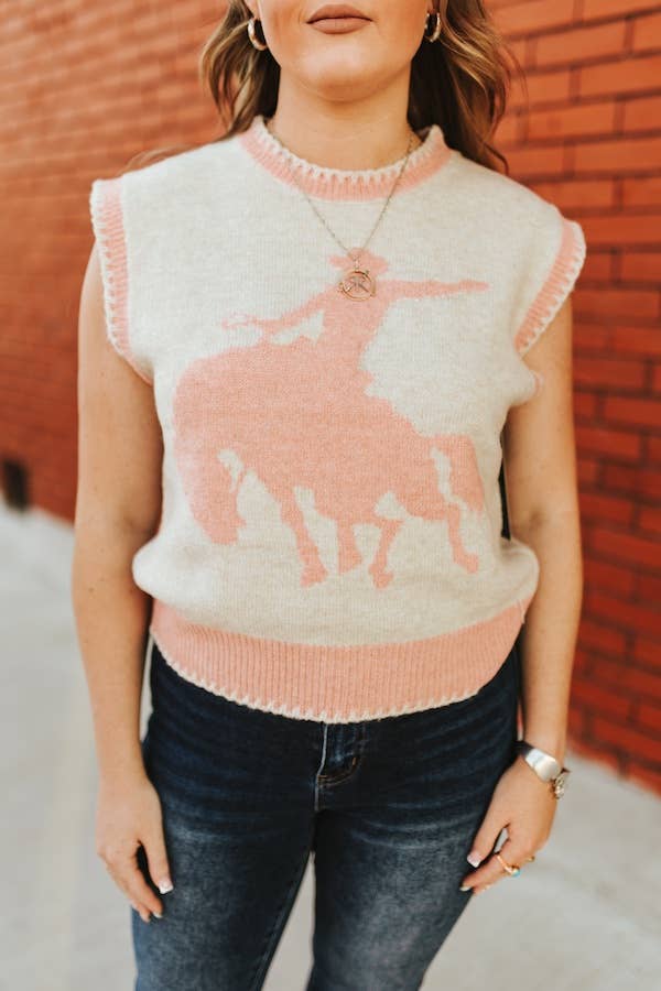 Ivory Soft Pink Buckin Horse Sleeveless Sweater