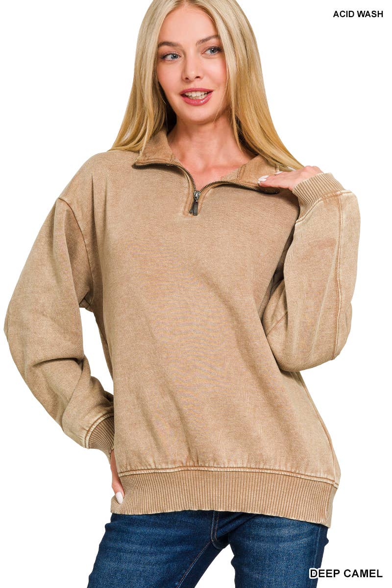 Zenana Mineral Washed Half Zip Pullover Ash Black and Brown