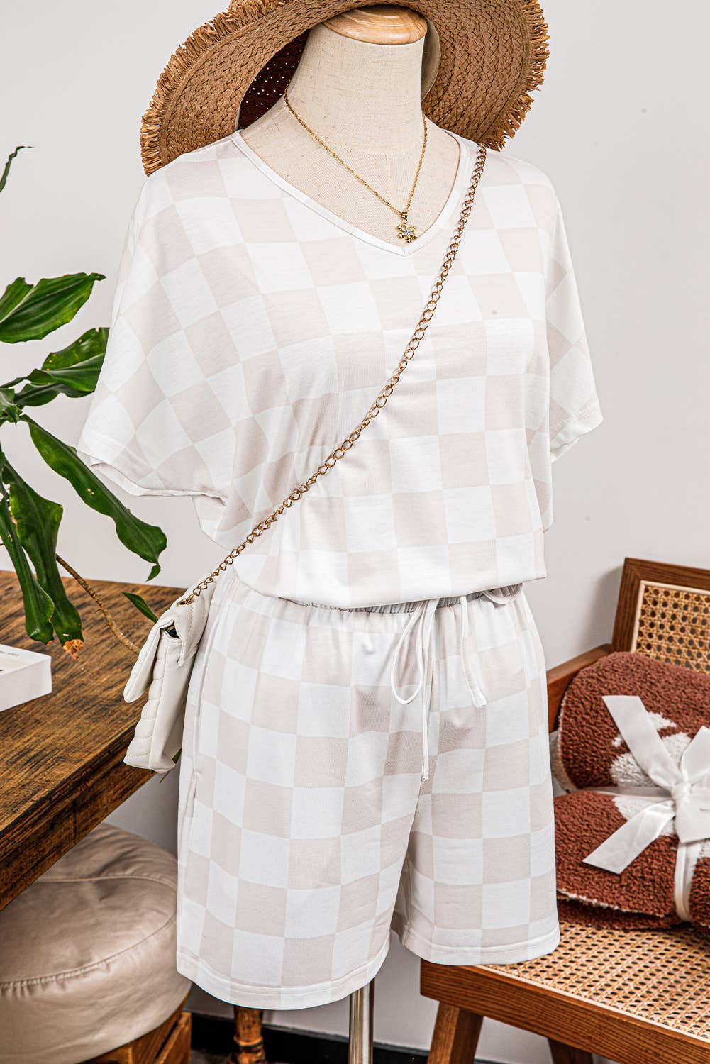 Checkered V Neck Tee Drawstring Shorts Lounge Set