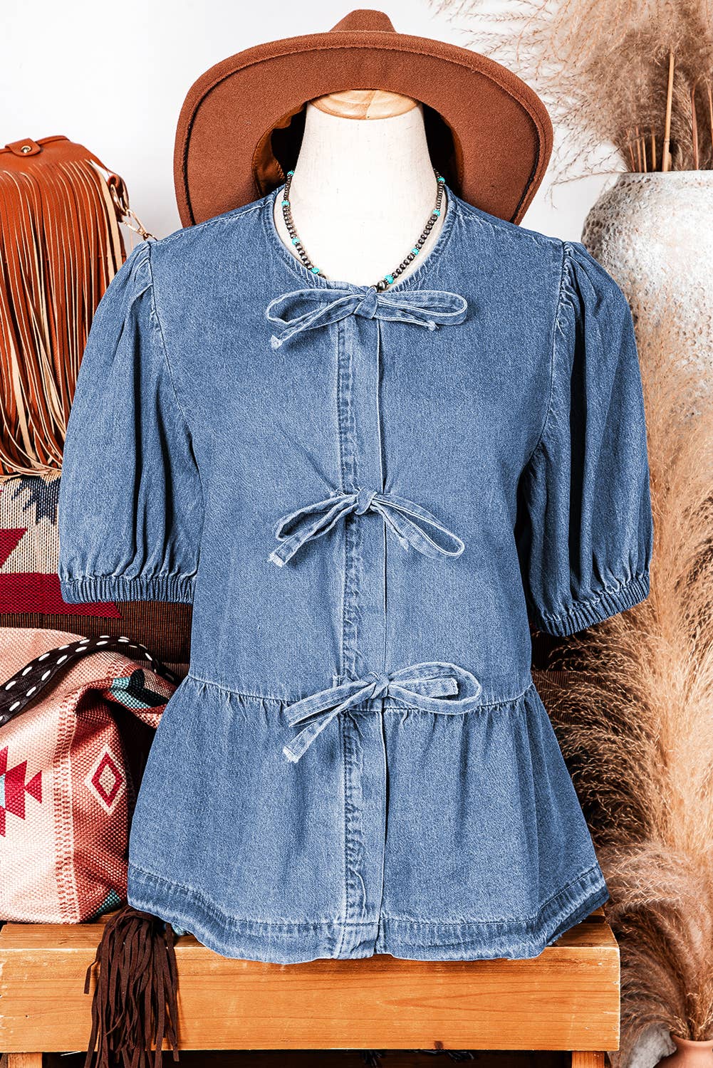 Bow Front Bubble Sleeve Denim Shirt