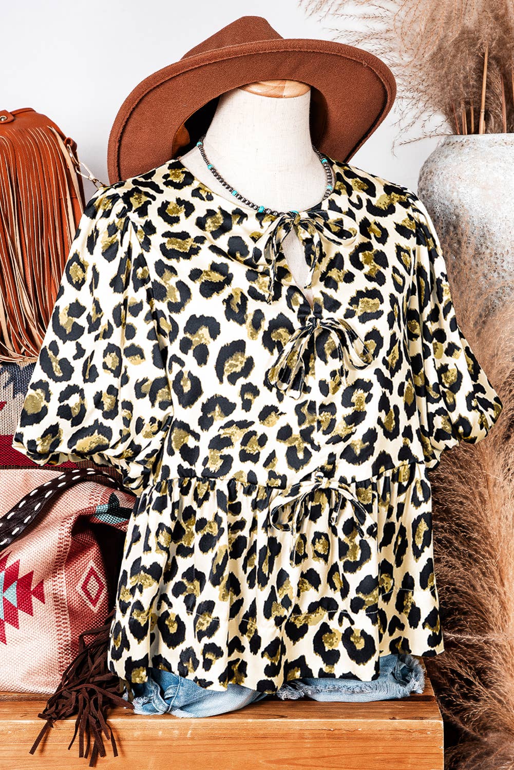 Western Leopard Bubble Sleeve Bow Tie Front Blouse