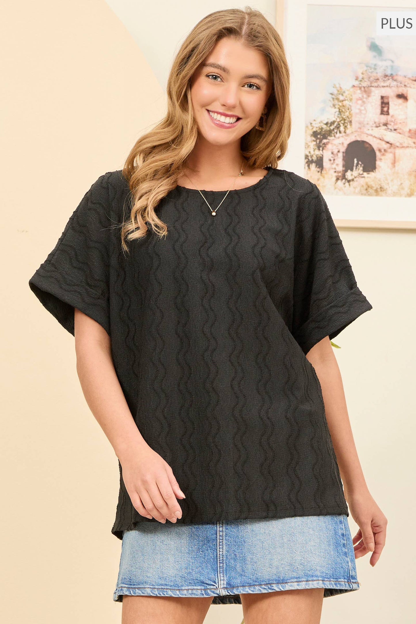 PLUS SIZE Textured Dolman Sleeve Top Blue