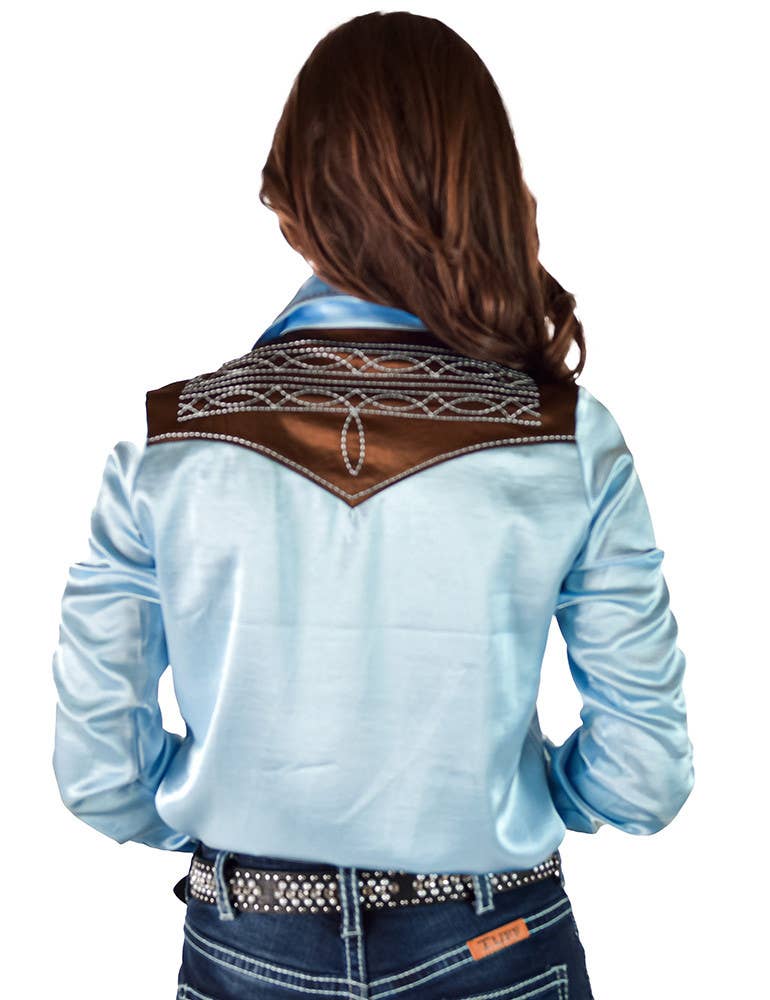 Brown & Sky Blue Satin With Embroidered Bootstitch