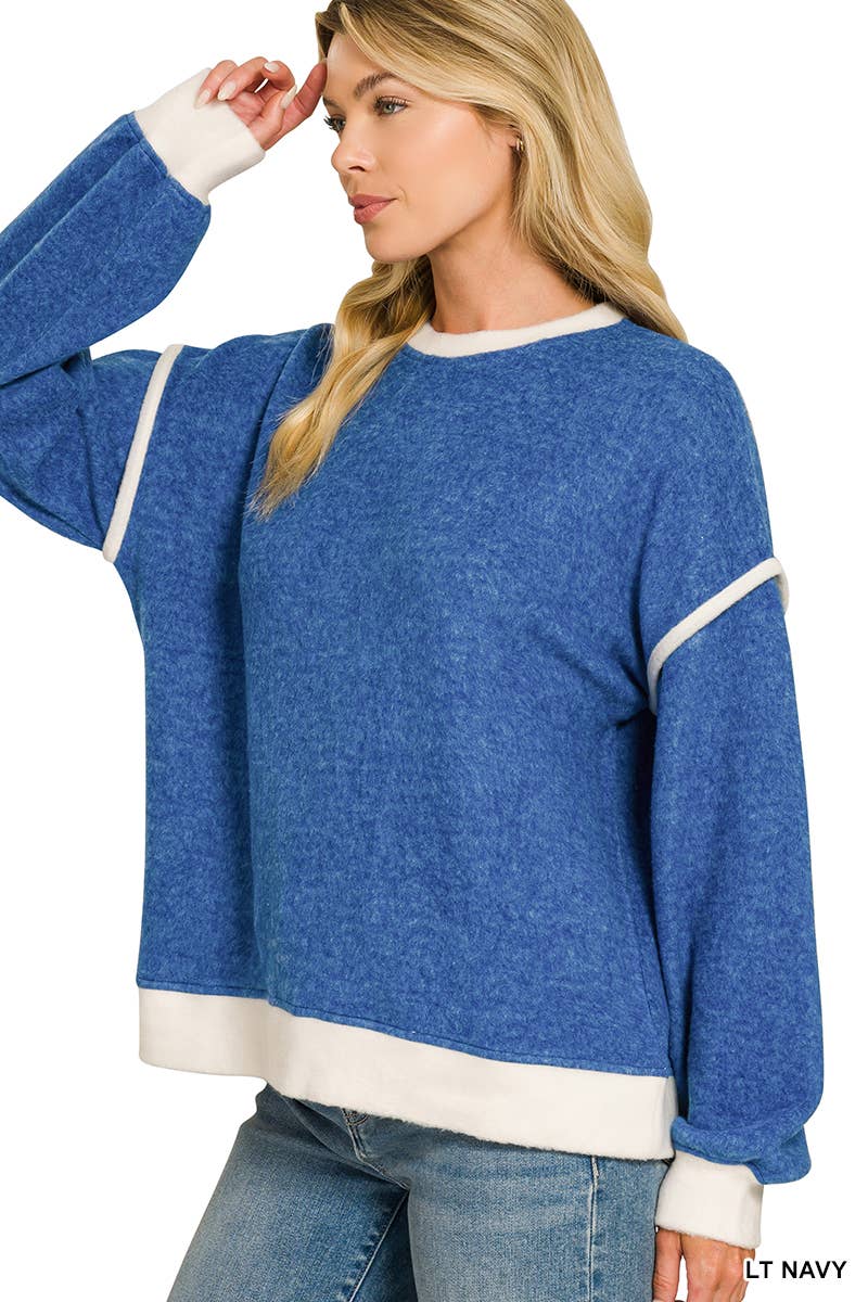 Brushed Melange Hacci Contrast Trim Sweater Zenana