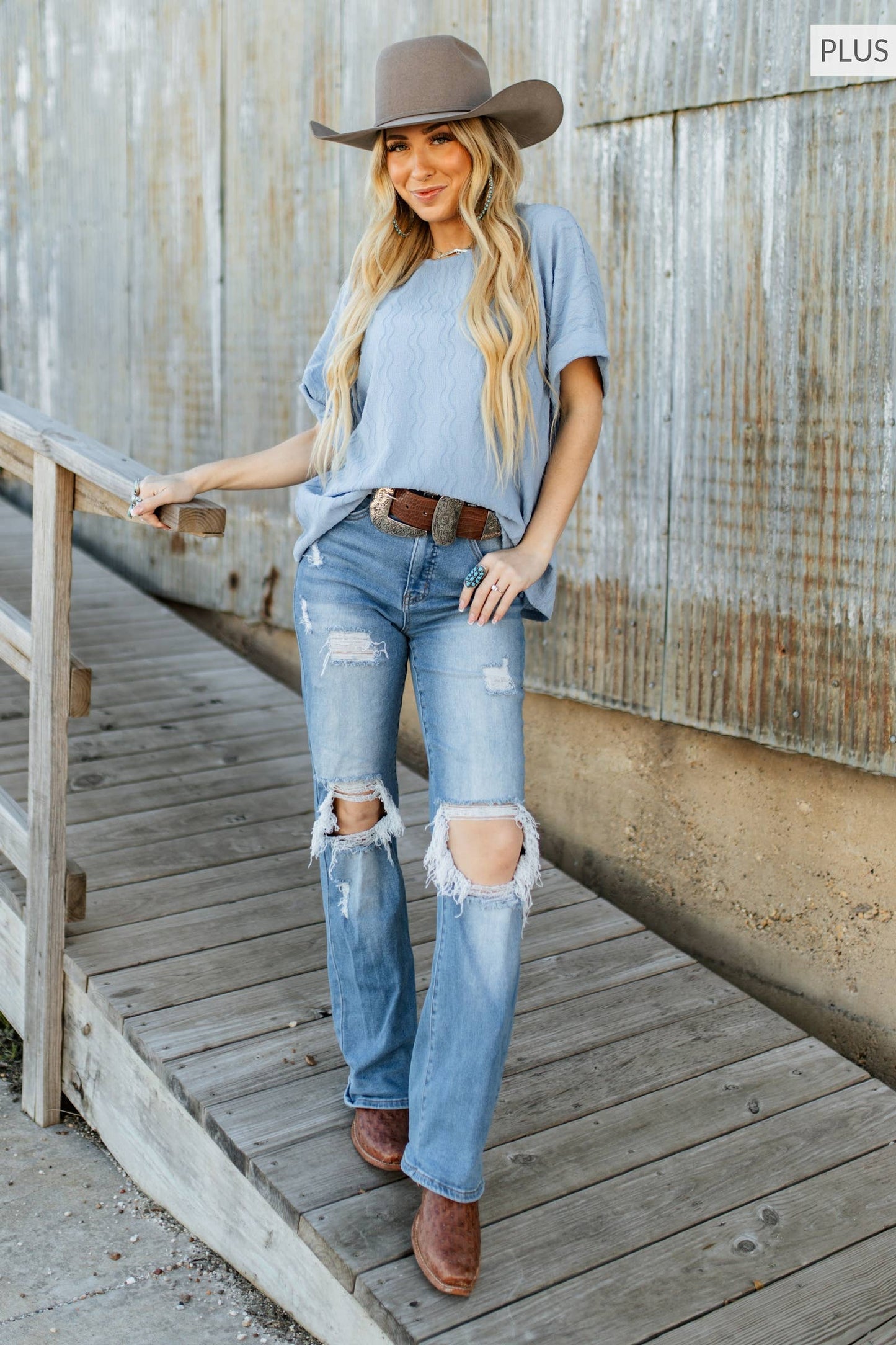 PLUS SIZE Textured Dolman Sleeve Top Blue
