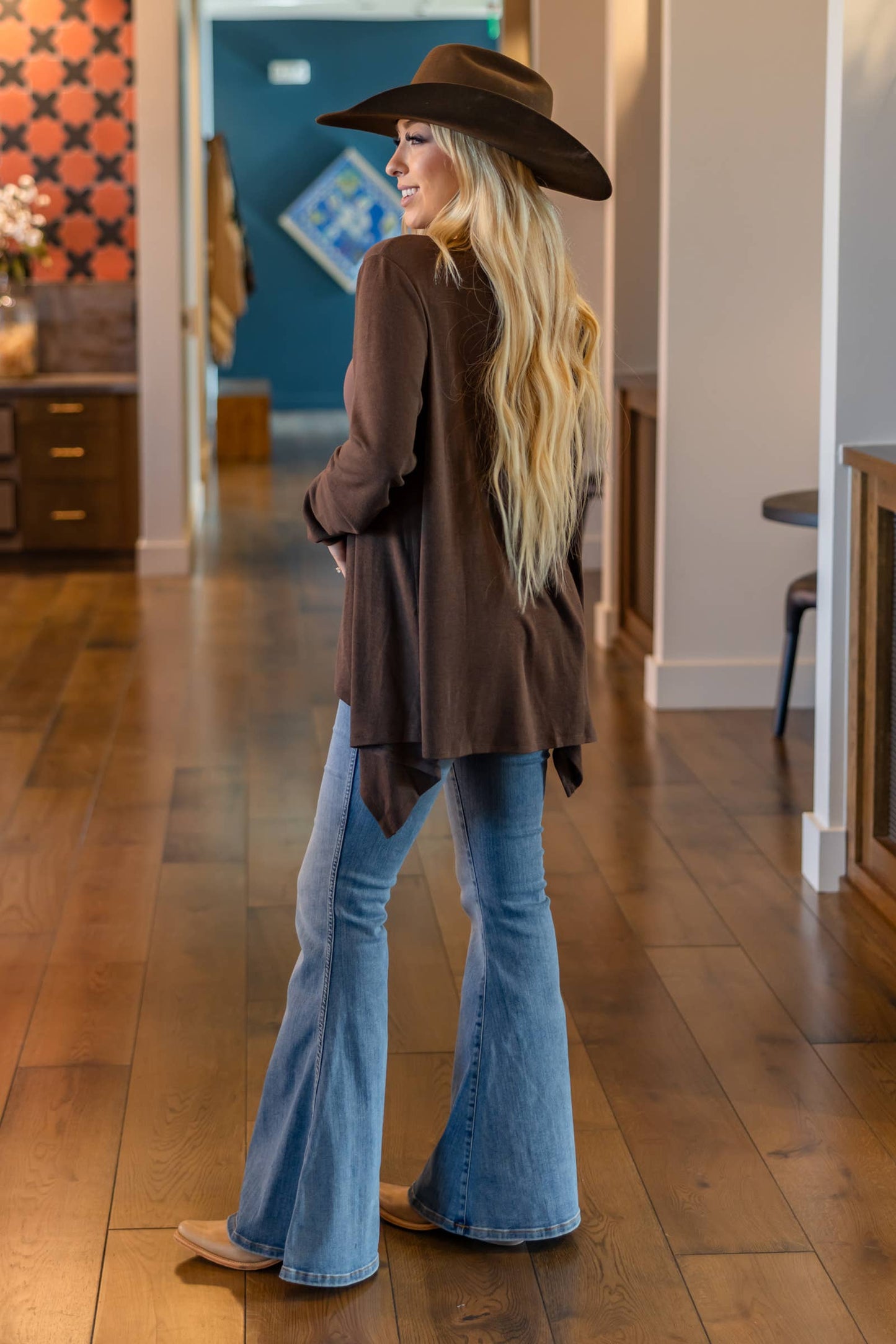 Soft Drape Open Front Chocolate Brown Cardigan
