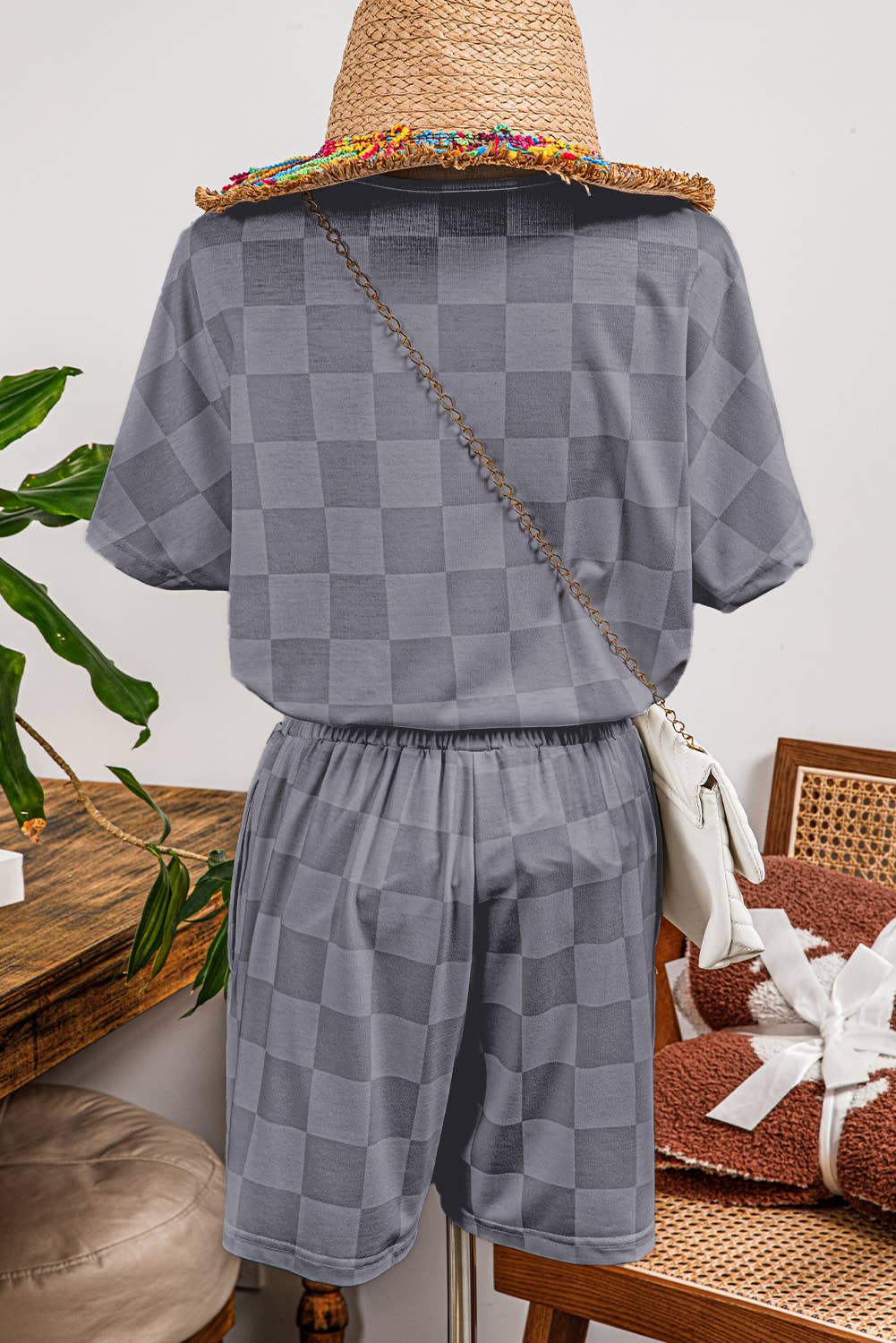 Checkered V Neck Tee Drawstring Shorts Lounge Set