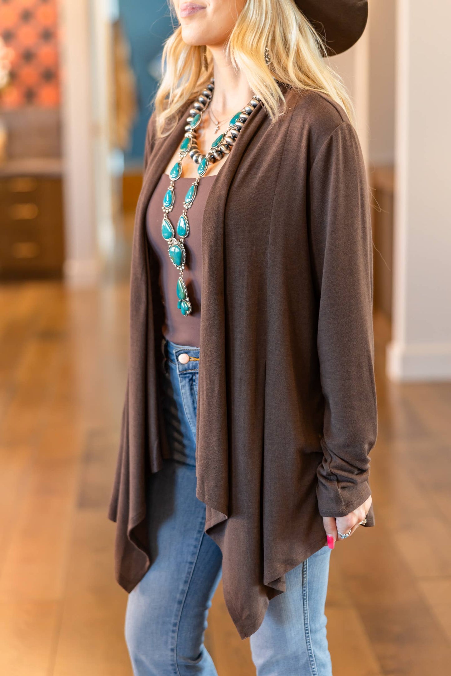 Soft Drape Open Front Chocolate Brown Cardigan