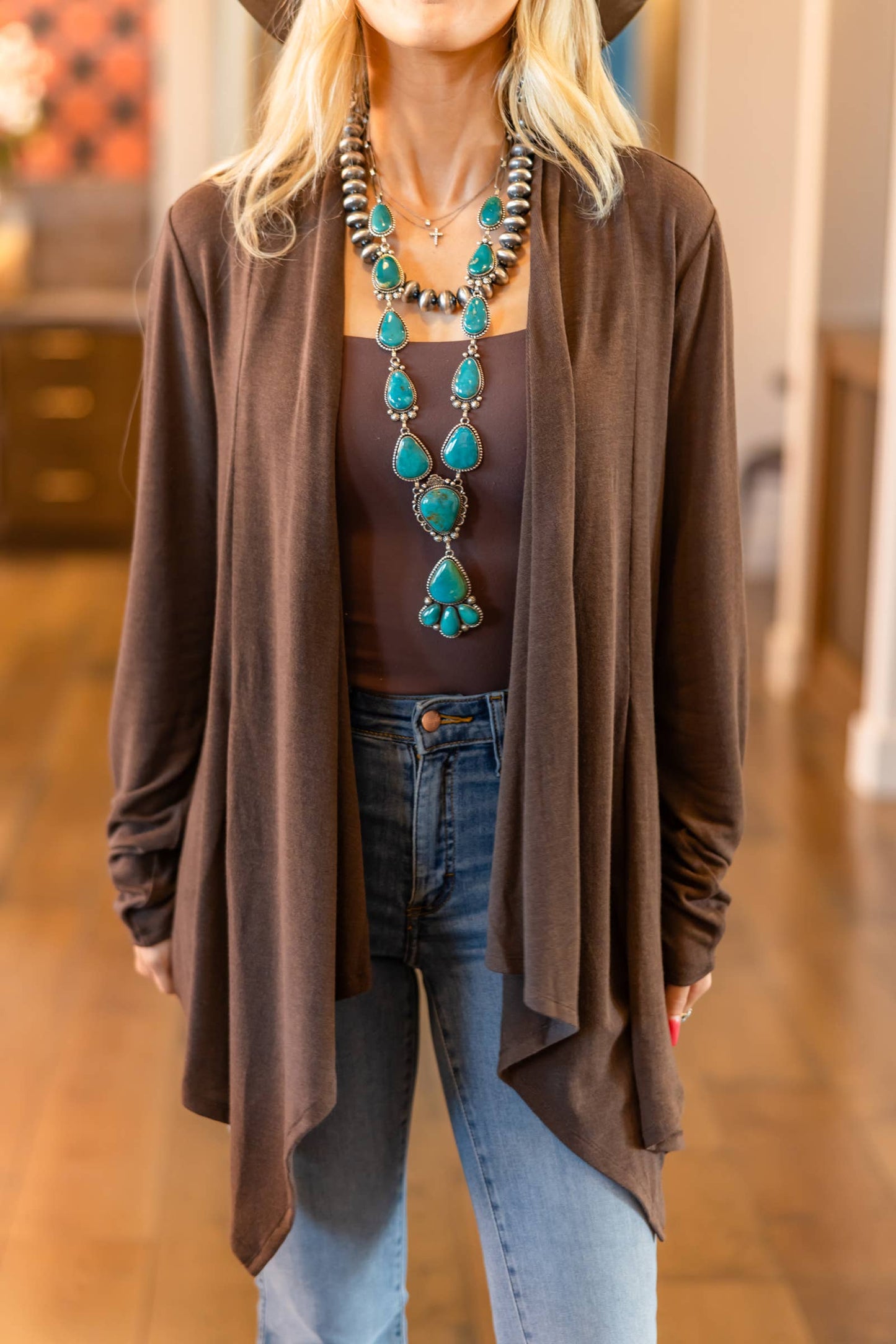 Soft Drape Open Front Chocolate Brown Cardigan