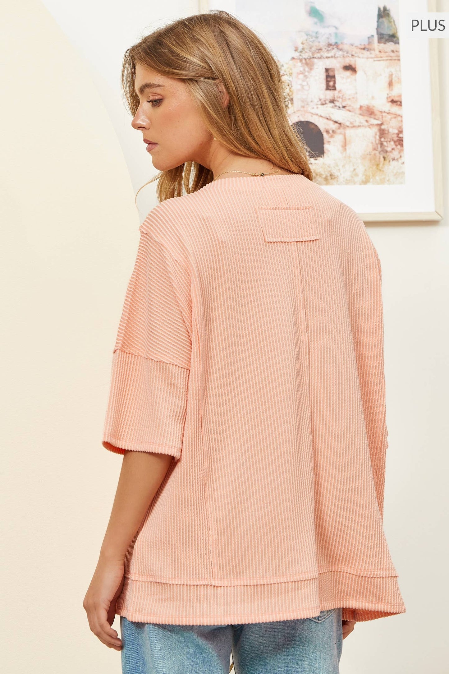 PLUS SIZE Half Sleeve Relaxed Pocket shirt White and peach