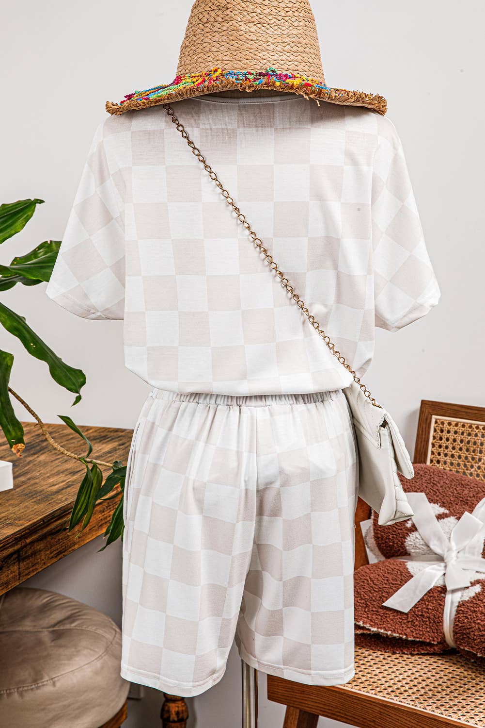 Checkered V Neck Tee Drawstring Shorts Lounge Set