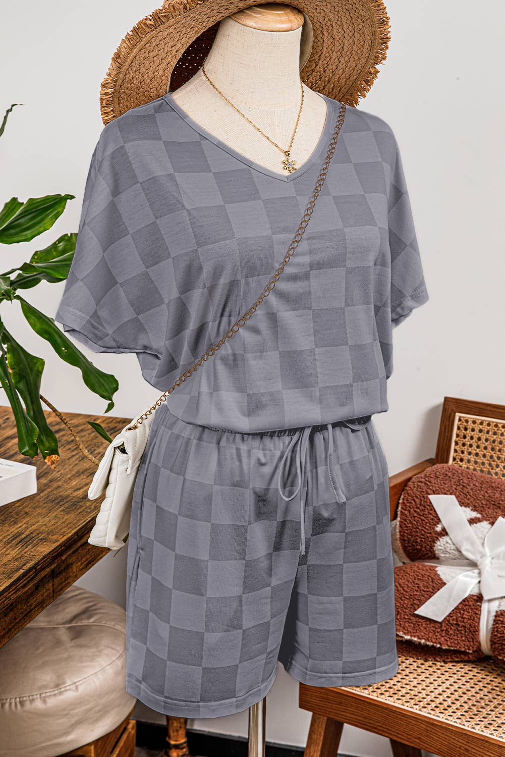 Checkered V Neck Tee Drawstring Shorts Lounge Set