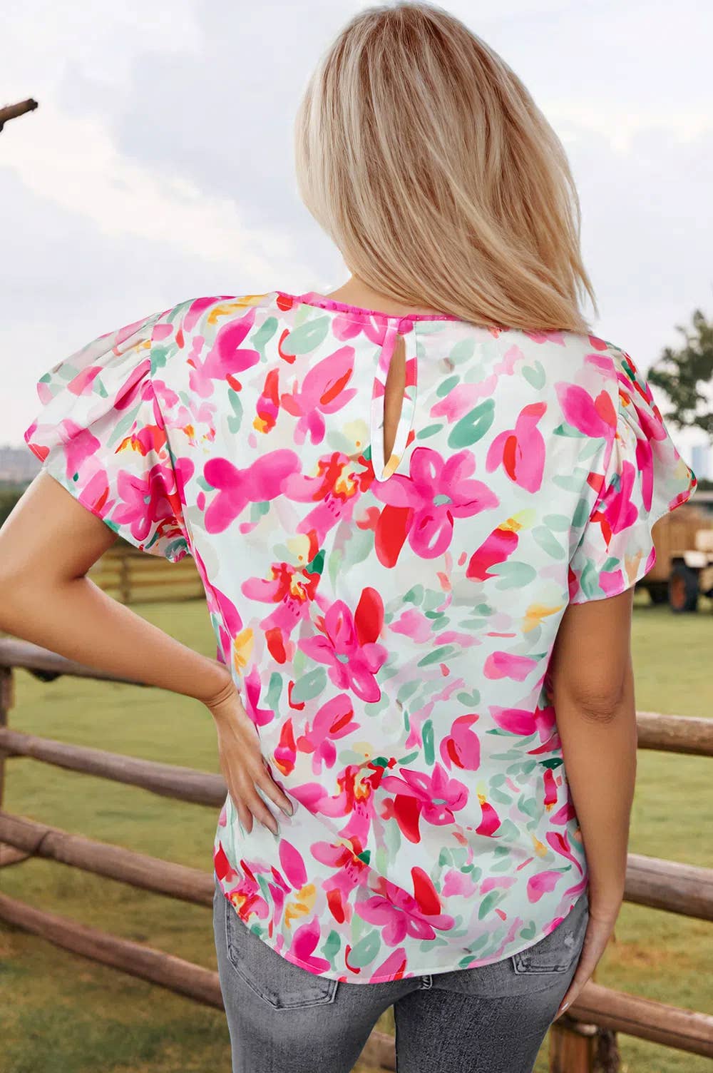 Floral Ruffle Sleeve Round Neck Flower Top