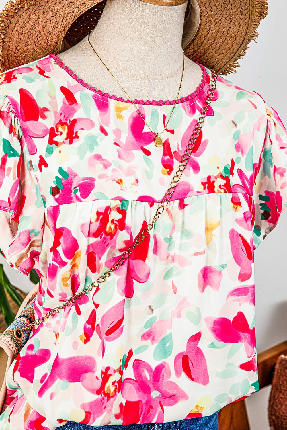 Floral Ruffle Sleeve Round Neck Flower Top