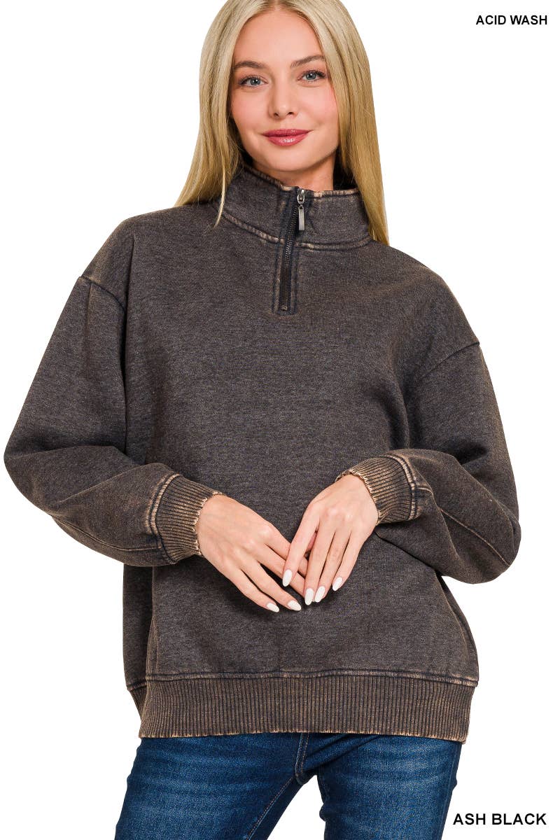 Zenana Mineral Washed Half Zip Pullover Ash Black and Brown