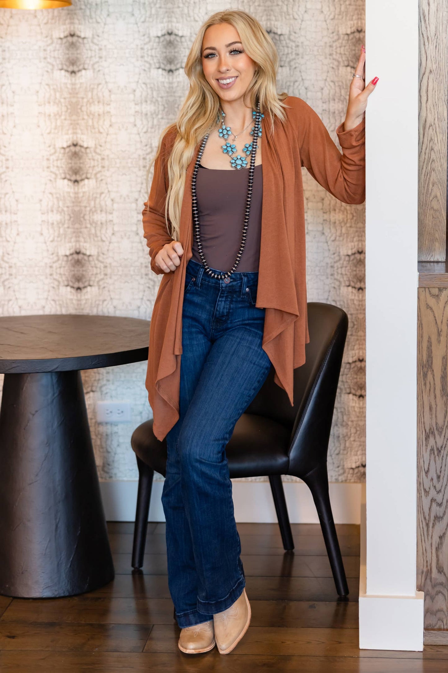 Soft Drape Open Front Chocolate Brown Cardigan