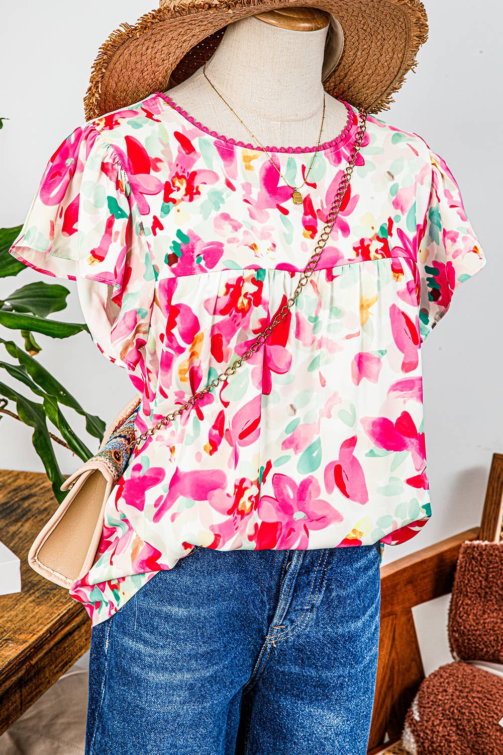 Floral Ruffle Sleeve Round Neck Flower Top