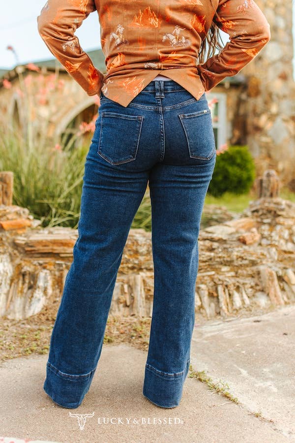 Dark Wash Mid Rise Bootcut Jeans W Front Pockets Lucky and Blessed
