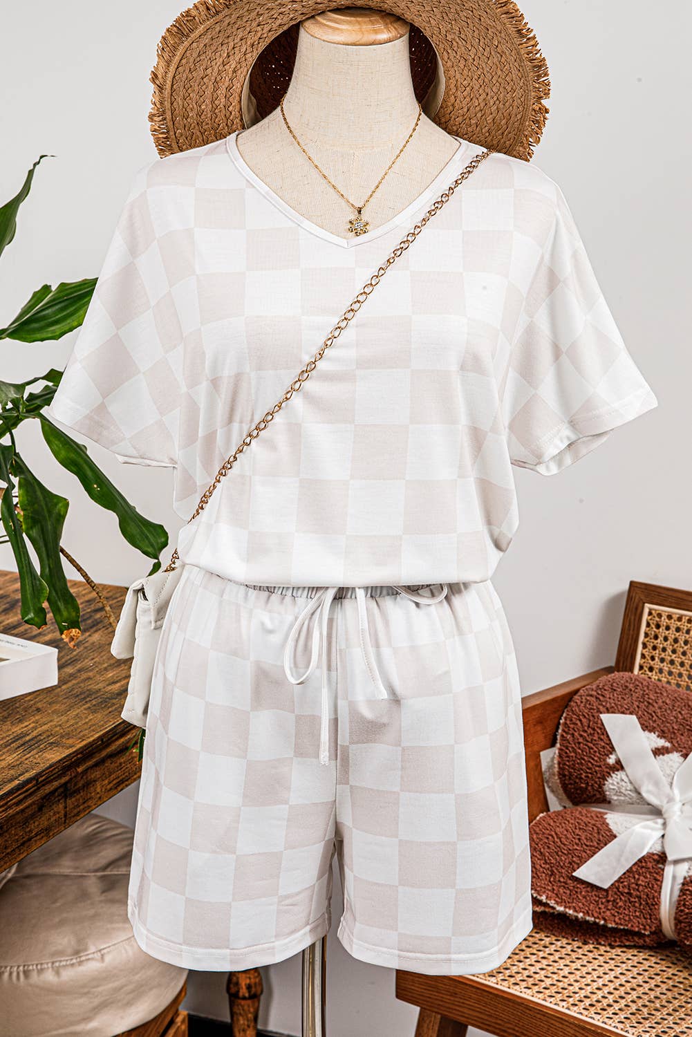 Checkered V Neck Tee Drawstring Shorts Lounge Set