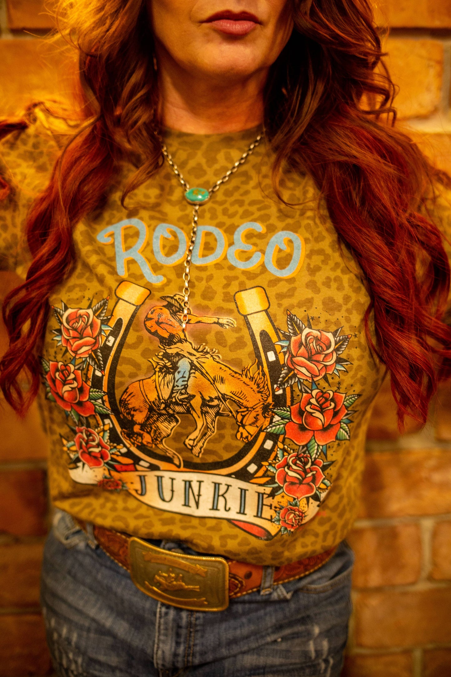 Rodeo Junkie Turquoise Brown Leopard Tee