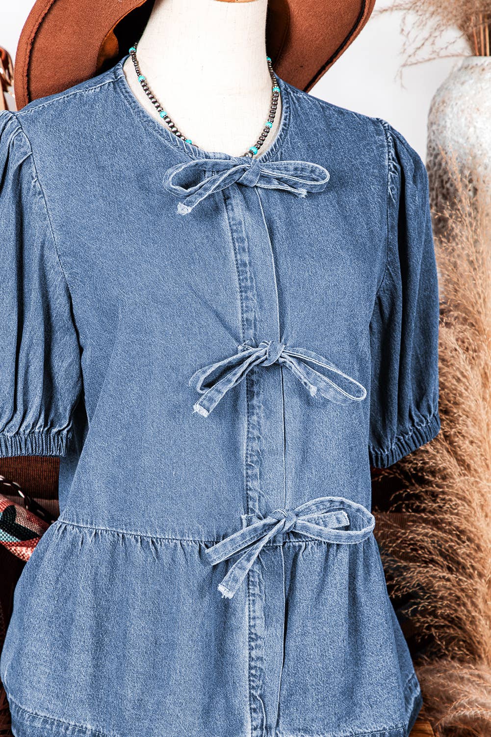 Bow Front Bubble Sleeve Denim Shirt