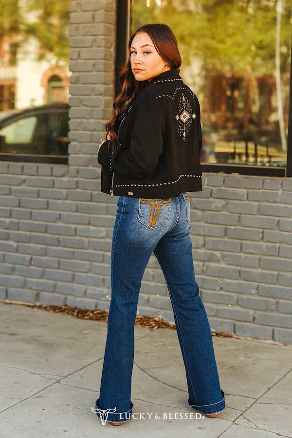 Lucky and Blessed Mid Wash High Rise Camel Embroidered Bootcut Jeans
