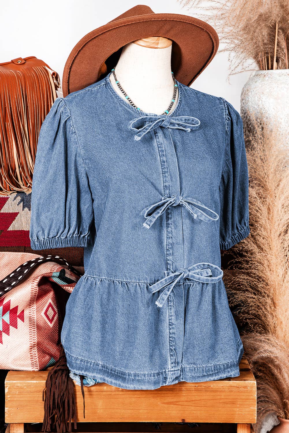 Bow Front Bubble Sleeve Denim Shirt
