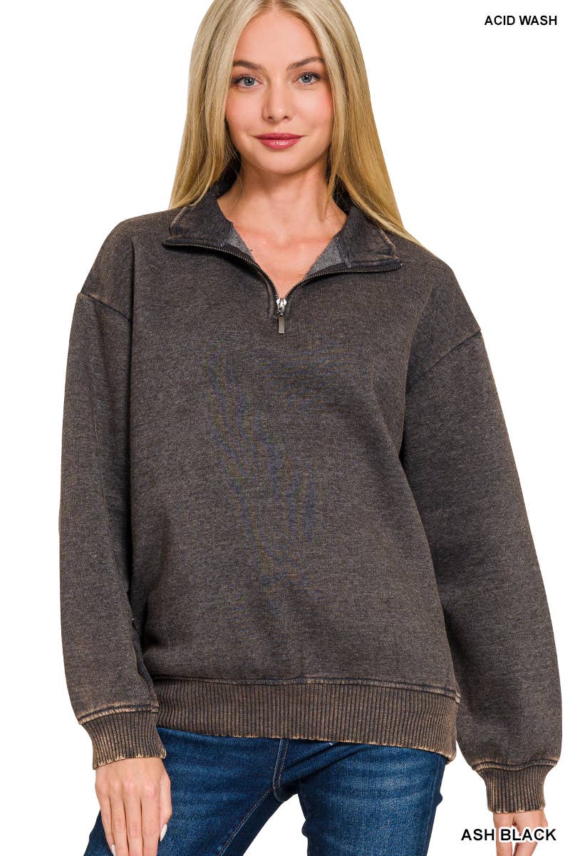 Zenana Mineral Washed Half Zip Pullover Ash Black and Brown