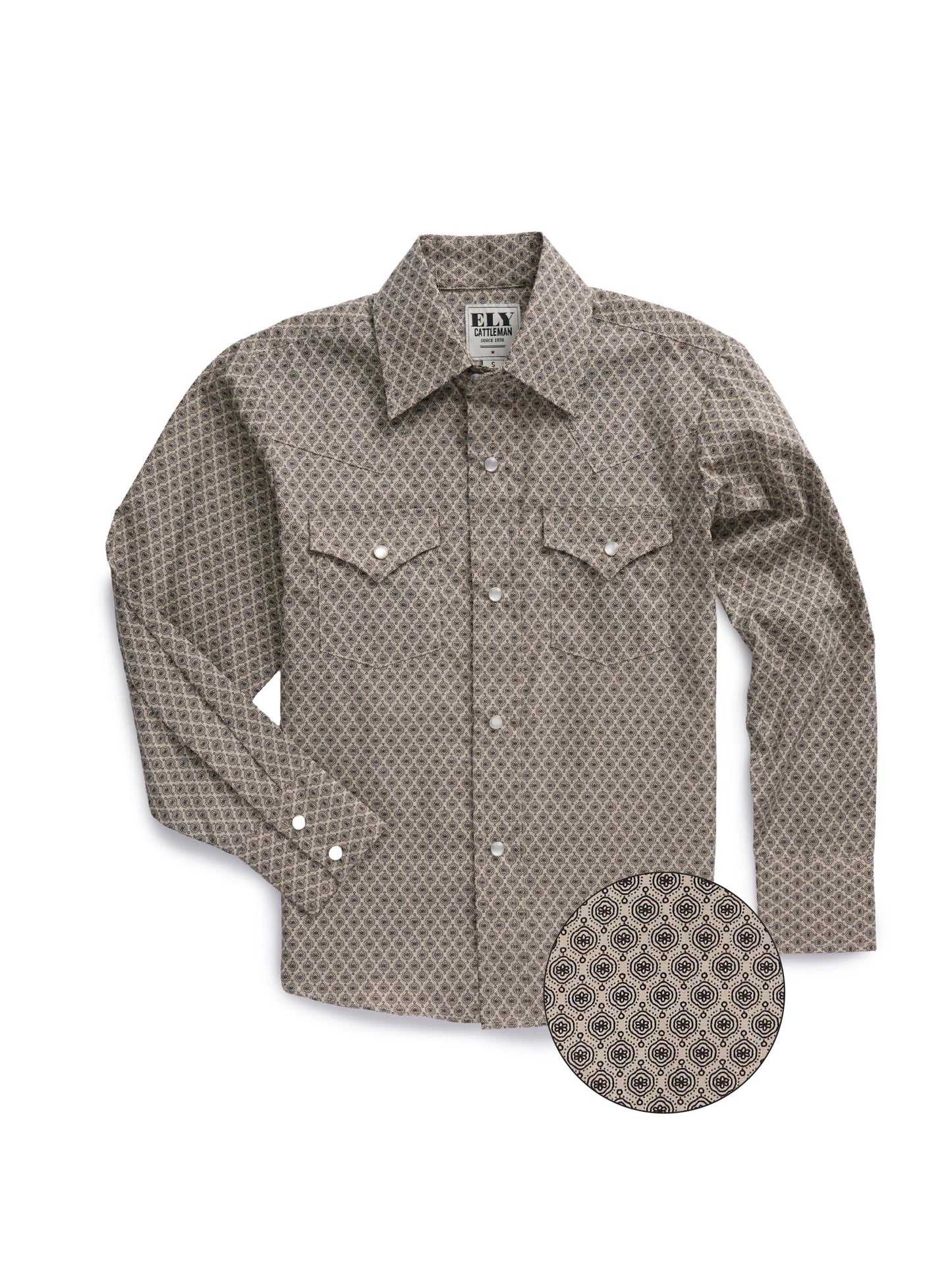 Boy's Ely Cattleman Long Sleeve Medallion Print Western Snap Shirt- Khak