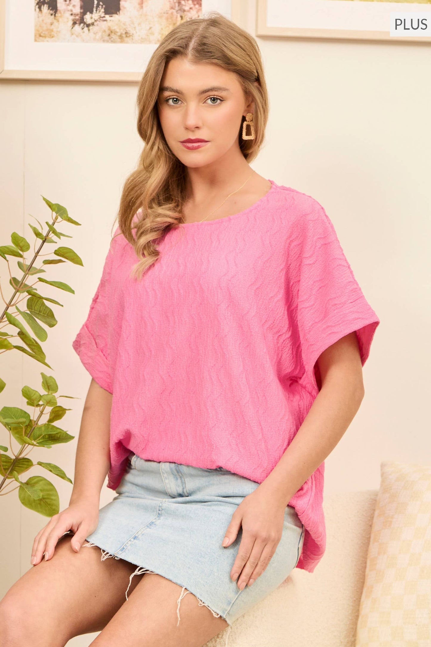 PLUS SIZE Textured Dolman Sleeve Top Blue