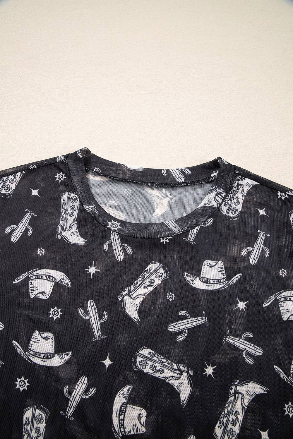 Fashion-W Western Pattern Mesh Sheer Crew Neck T Shirt