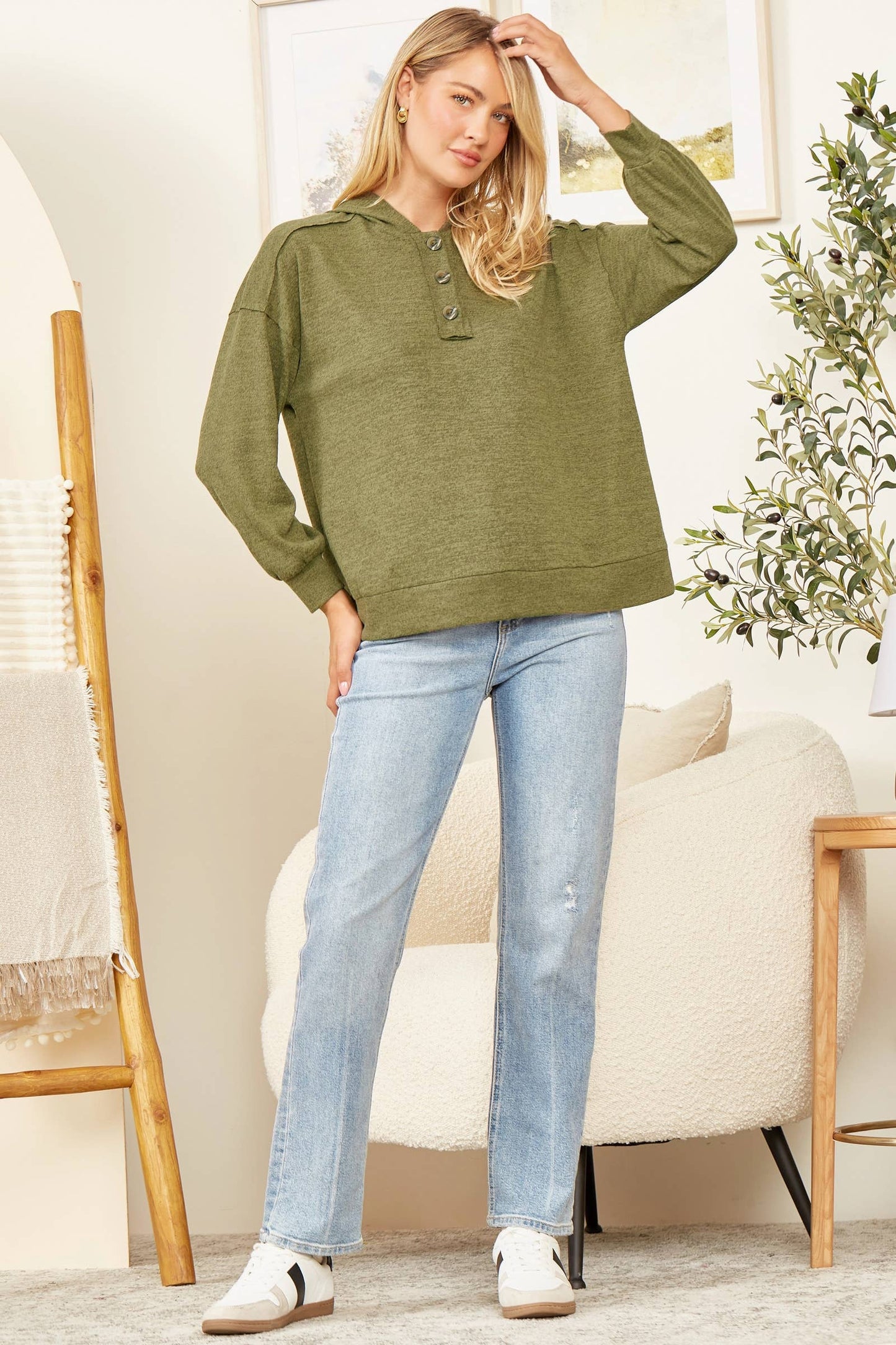 Solid Colored Oatmeal Gray Knitted Hoodie