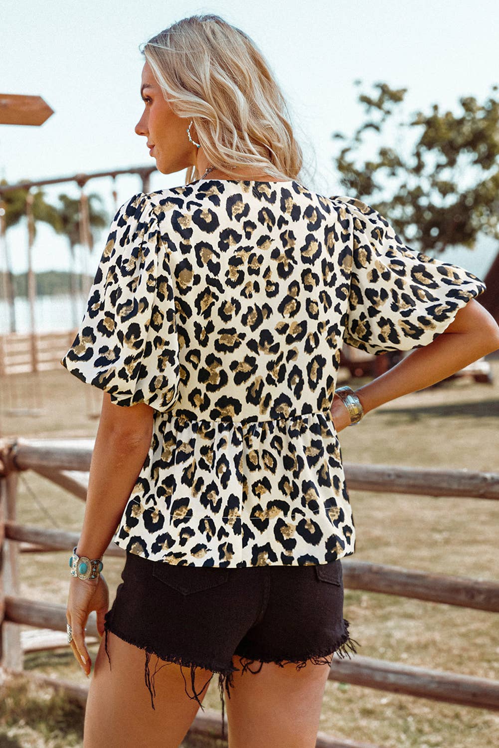 Western Leopard Bubble Sleeve Bow Tie Front Blouse