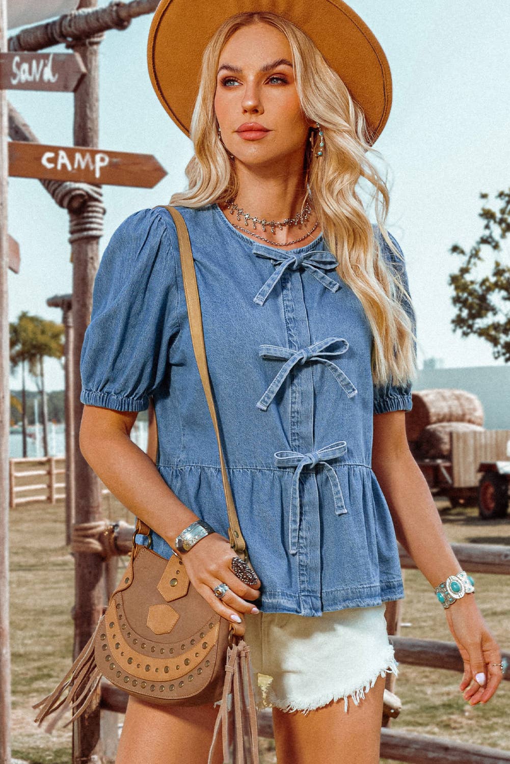 Bow Front Bubble Sleeve Denim Shirt