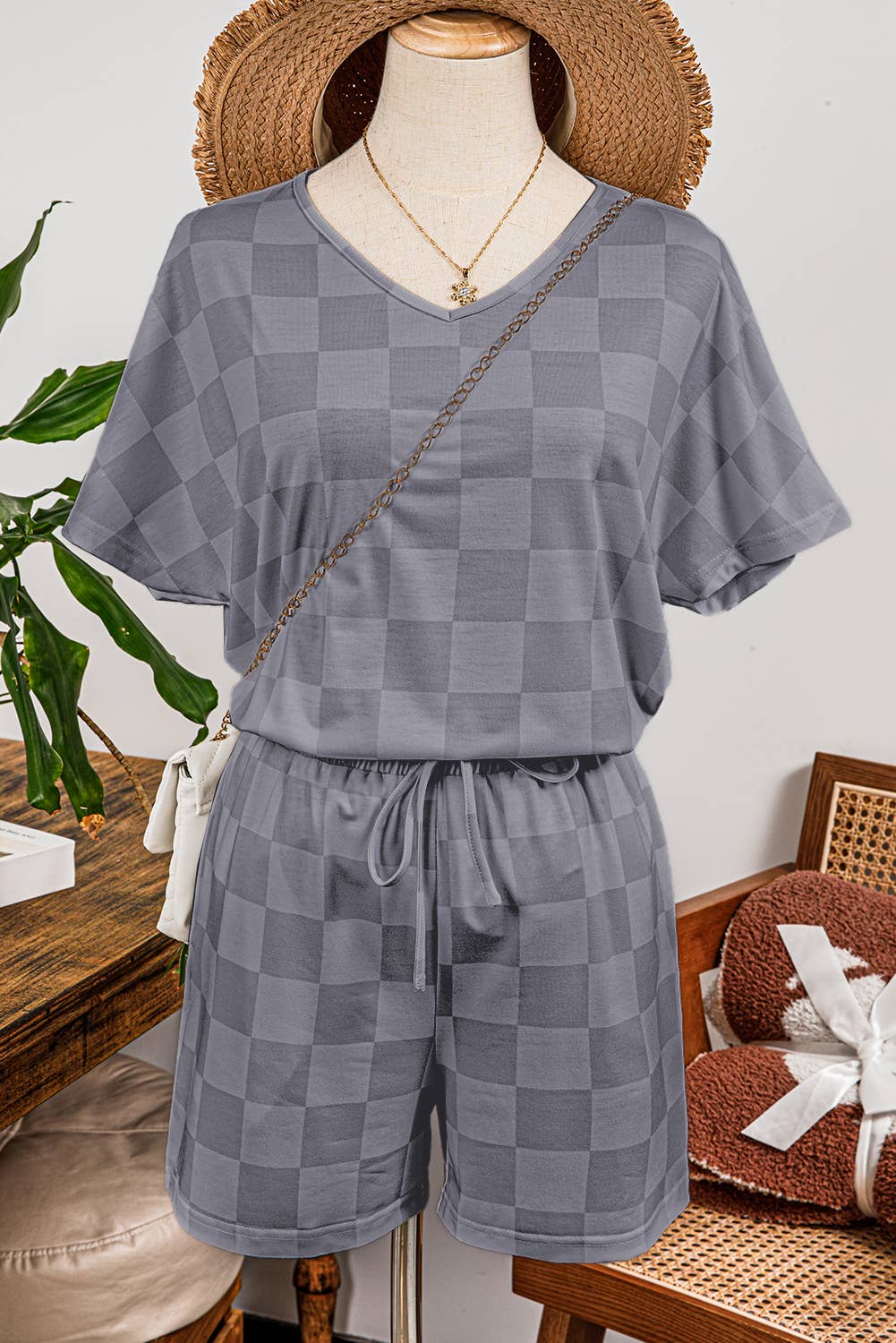 Checkered V Neck Tee Drawstring Shorts Lounge Set