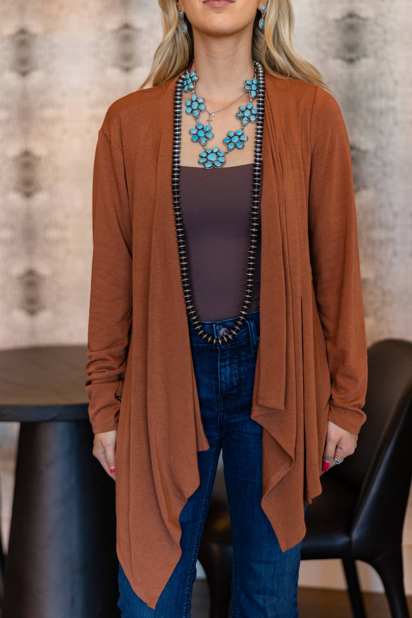 Soft Drape Open Front Chocolate Brown Cardigan