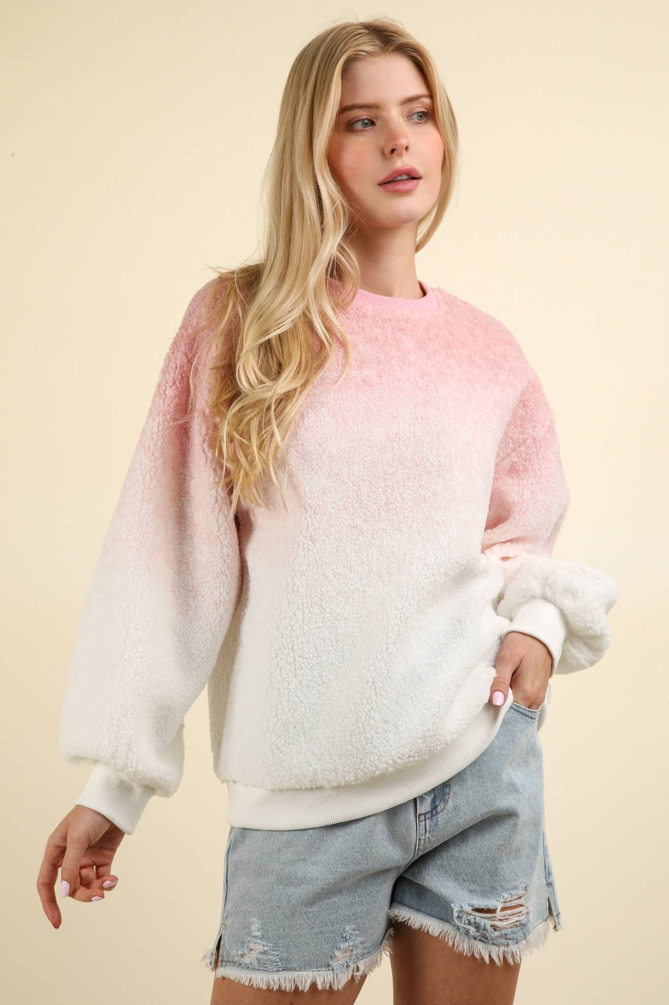 Pink Soft Fleece Warm Cozy Ombre Oversized Sweatshirt