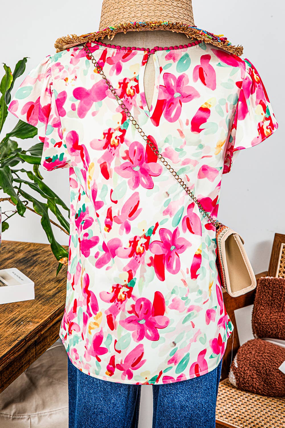 Floral Ruffle Sleeve Round Neck Flower Top
