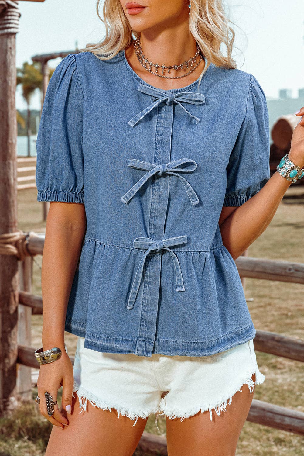 Bow Front Bubble Sleeve Denim Shirt