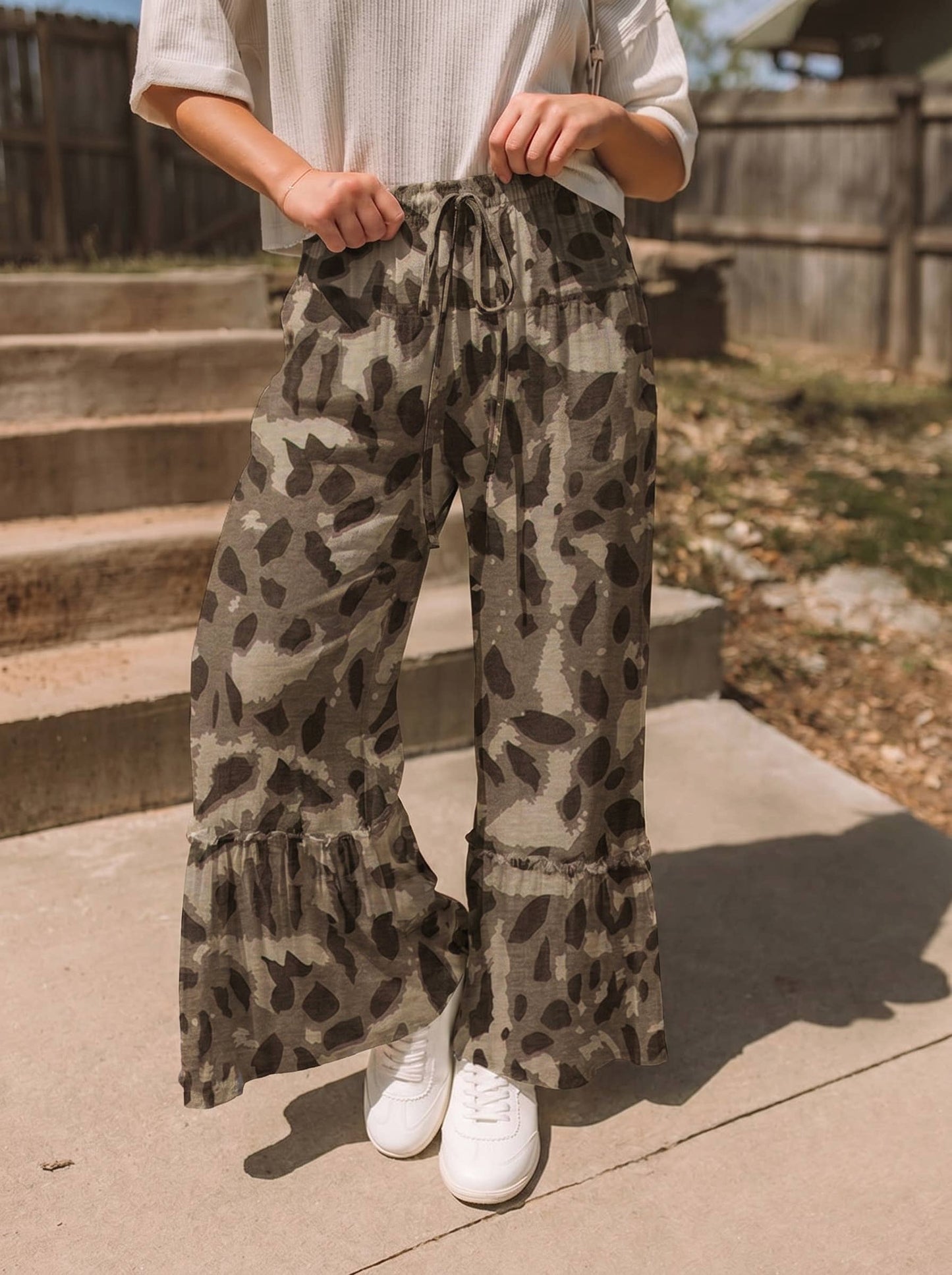Western Leopard/camo Print Frilled Detail Drawstring Pants