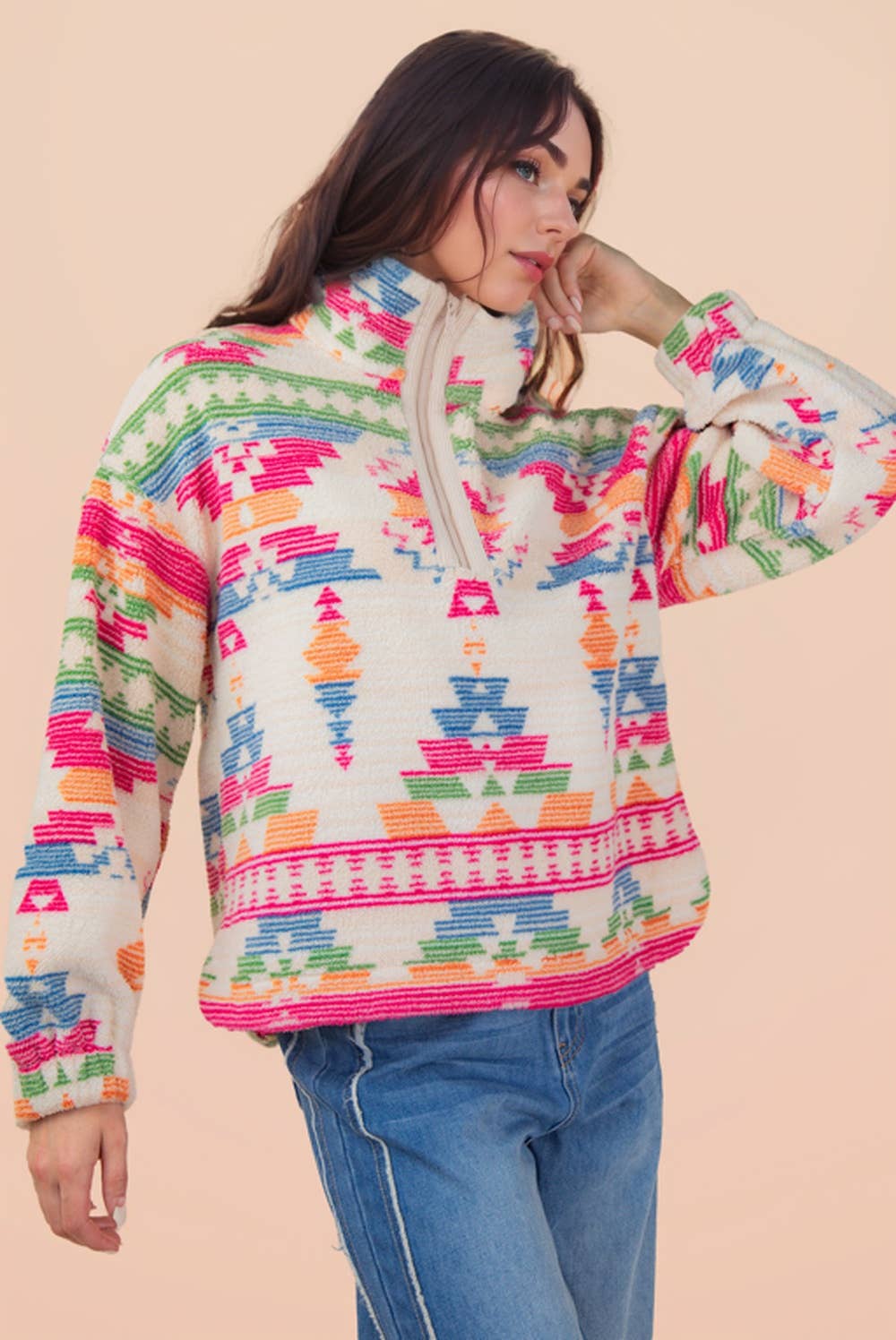 Half Zip Up Aztec Graphic Fleece Top