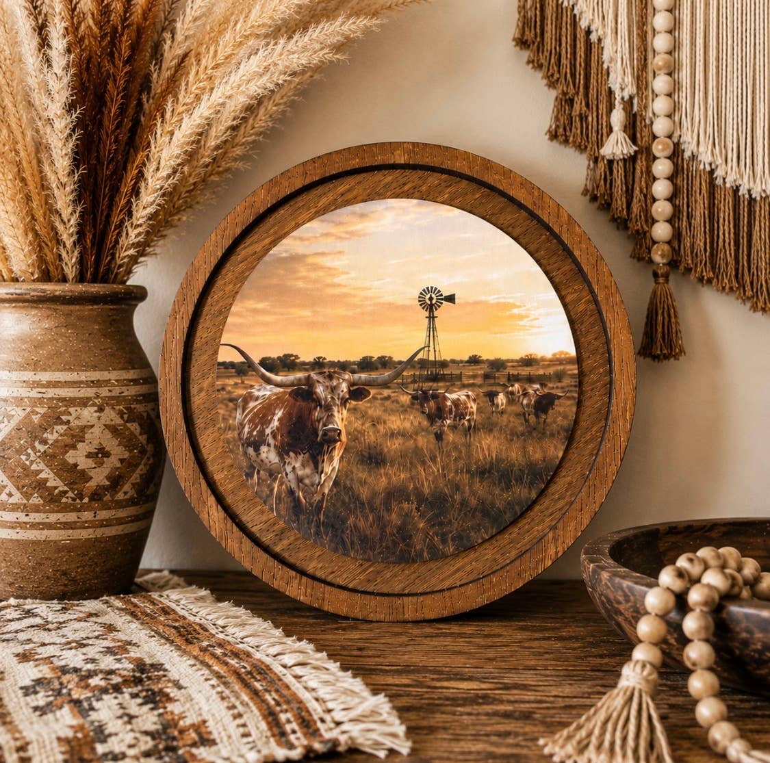 Wood Round Western Longhorn rustic farmhouse decor 