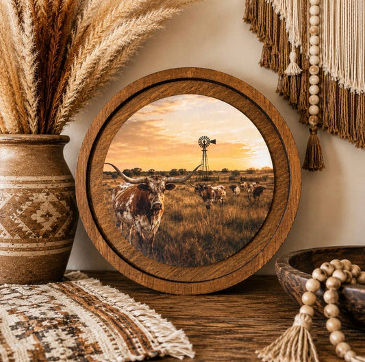 Wood Round Western Longhorn rustic farmhouse decor 